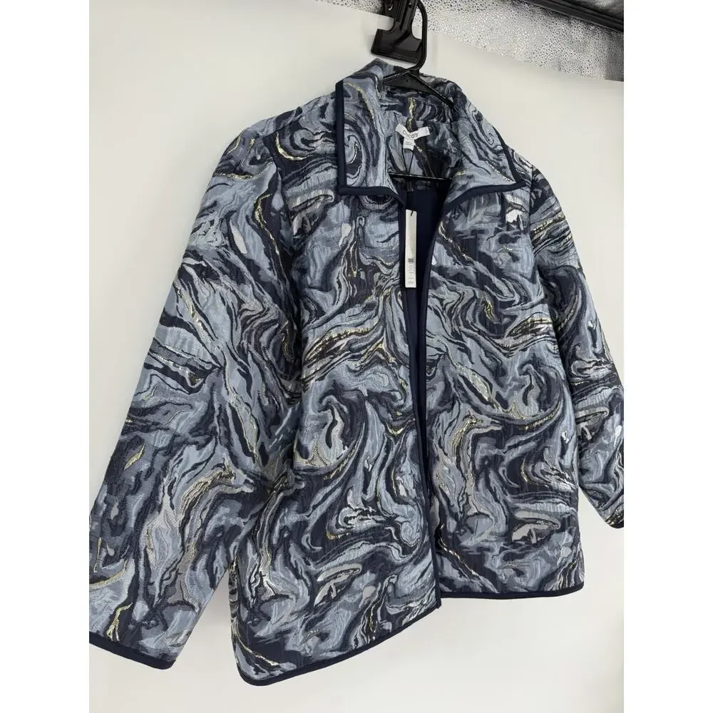 NEW Chico's Blazer Jacket 2 US Large Travelers Jacquard Blue Gold Swirl - Picture 5 of 7